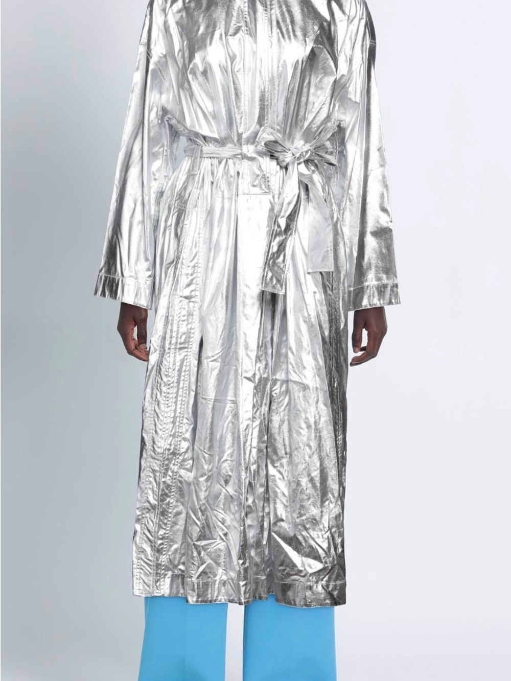 Paco Rabanne Metallic Silver Trench Coat with Waist Tie